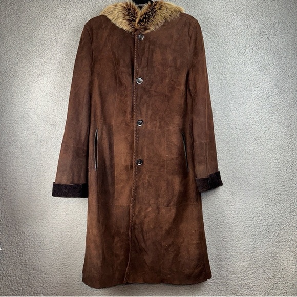 Artico Jacket Womens 8 Brown Original Shearling Leather Suede Long Trench Coat - Picture 13 of 13